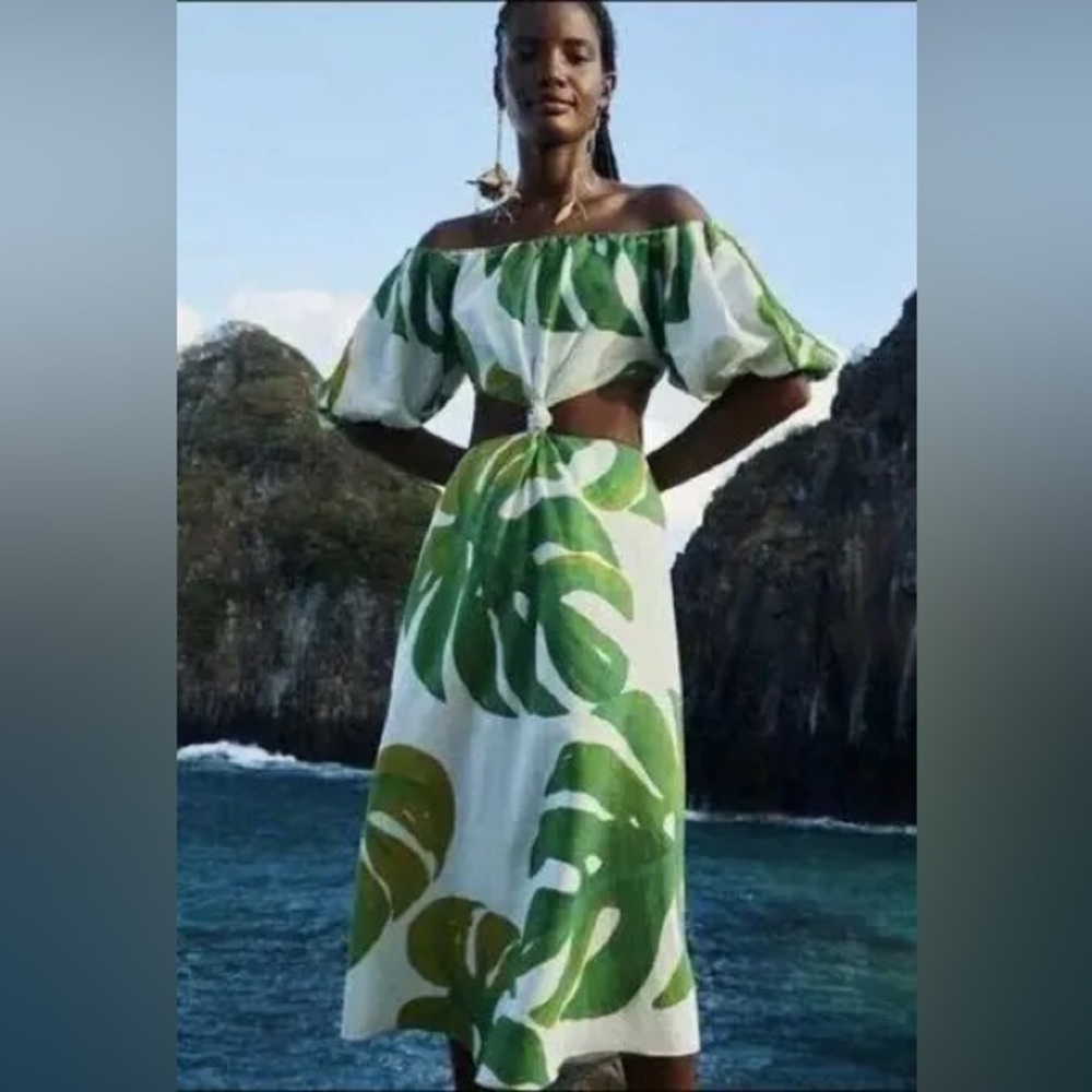 Farm Rio White Monstera Knot Midi Dress size M